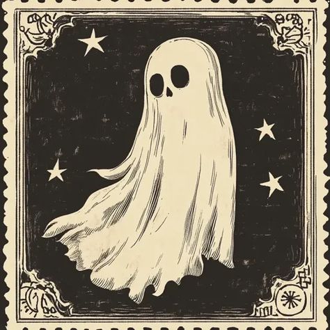 ↑↑↑ Larger size on website 🔸 The image is a vintage-style illustration of a ghost on a postage stamp. The ghost is depicted as a Black Background With Stars, Nostalgic Halloween, Ghost Illustration, Vintage Ghost, Decorative Borders, Black Eyes, Halloween Theme, A Ghost, The Ghost