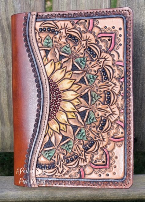 9"x6" journal cover holds any A5 (8.5"x5.5") journal or notebook Sunflower Journal Cover, Leather Bible Cover Patterns, Leather Journal Cover Design, Custom Leather Work, Leather Bible Cover, Leather Working Patterns, Leather Designs, Diy Leather Projects, Leather Tooling Patterns