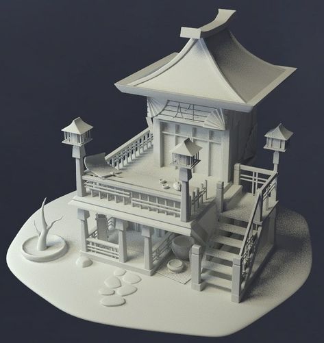 ArtStation - Japanese house 3D, Svetlana Kalapa Blender 3d Building, Stylized House, Japanese Exterior, Japanese Village, Colour Drawing, Japanese Shrine, Arte Aesthetic, Environment Props, 3d Concept