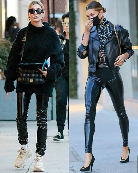 Vinyl Pants Outfit Street Style, Vinyl Pants Outfit, Vinyl Leggings Outfit, Patent Leather Leggings Outfit, Blue Closet, Hailey Baldwin Street Style, Outfits Leggins, Vinyl Pants, Patent Leather Leggings