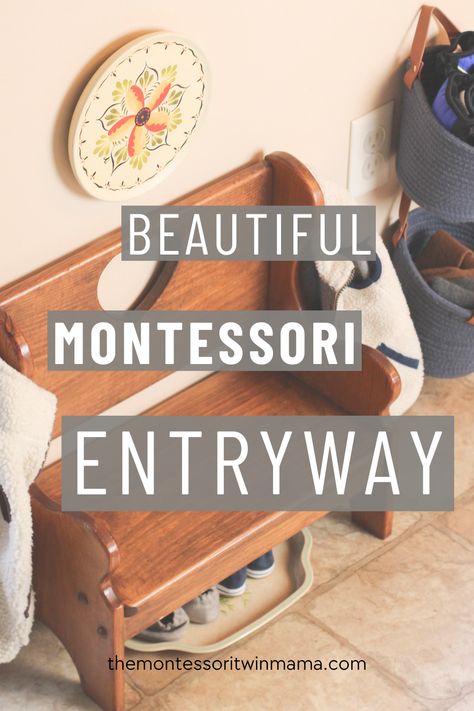 Create a beautiful Montessori-inspired entryway for your child. Support their independence by offering an appropriate sized chair or bench as well as easy access to seasonal items and their shoes. Put a hook at a level they can reach. Make the space beautiful and cozy with some artwork hung at there eye-level. Montessori inspired entryways can be a great way to support your child's increasing need for doing things independently. It creates space for them to learn new skills. Montessori Front Entrance, Montessori Decoration Ideas, Montessori Entryway Ideas, Montessori Get Ready Station, Montessori Hallway, Montessori Entrance, Toddler Entryway, Montessori Entryway, Montessori Toddler Rooms