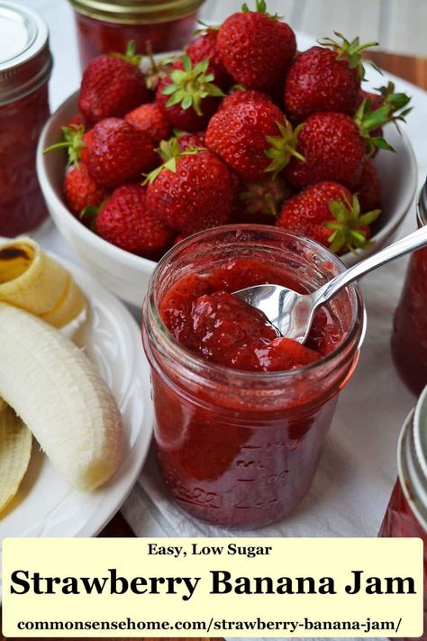 What goes better with a peanut butter and banana sandwich than more banana? We share a quick and easy strawberry jam recipe, plus answers to common jam questions - and links to more of our favorite jam recipes. Strawberry Banana Jam Canning, Strawberry Banana Jam Recipe, Strawberry Banana Jam, Banana Jam Recipe, Easy Strawberry Jam Recipe, Peanut Butter And Banana Sandwich, Banana Jelly, Easy Strawberry Jam, Low Sugar Jam