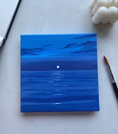 Canvas Blue Painting, Dark Blue Canvas Painting, Simple Blue Paintings, Simple Blue Painting Ideas, Painting Ideas Blue Background, Easy Moon Painting, Painting Ideas Blue, Blue Painting Ideas, Blue Canvas Painting