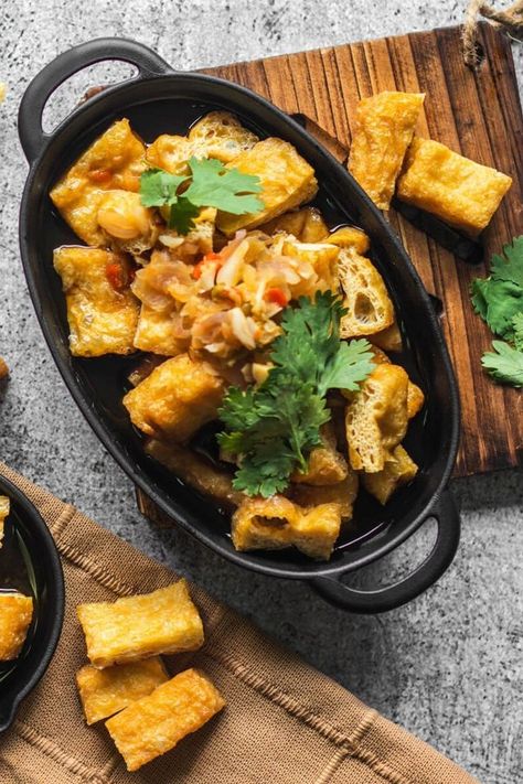 Indonesian Tofu Recipe, Deep Fried Tofu Crispy, Coconut Caramel Braised Tofu, Crispy Gochujang Tofu, Crispy Tofu Recipes Pan Fried, Tofu Puffs, Tofu Skin, Fried Beans, Asian Side Dishes