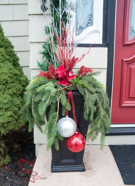 Outside Christmas Decor- Christmas Decorating on a Budget- Outdoor Christmas planters Christmas Decorations On A Budget, Holiday Planters, Decorations On A Budget, Winter Planters, Christmas Planter, Christmas Urns, Outdoor Christmas Planters, Chirstmas Decor, Outside Christmas Decorations