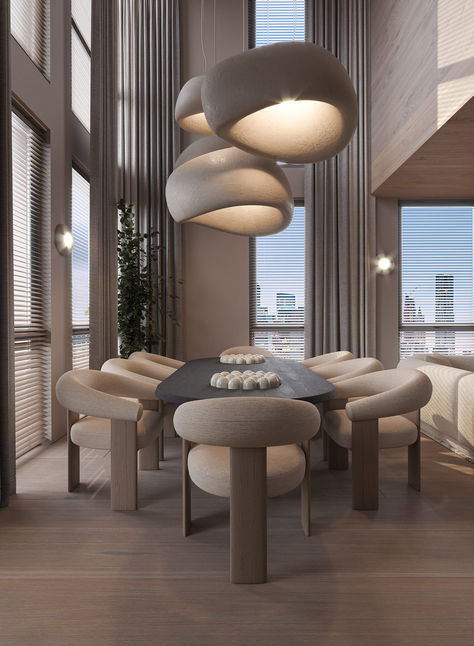 The PODYKH Apartment embodies modern interior design with its warm beige color palette, where the KHMARA Lamps by MAKHNO gently float above the dining area. The soft, rounded chairs complement the organic flow of the space, creating a seamless blend of comfort and elegance. The use of natural textures and materials highlights the apartment's ethos of lightness and naturalness, perfectly suited to its coastal setting. Double Height Dining Area, Double Height Dining Room, Organic Modern Apartment, Spanish Modern Homes, Organic Modern Dining Room, Double Height Living Room, Purple Bedrooms, Dining Design, Innovative Architecture