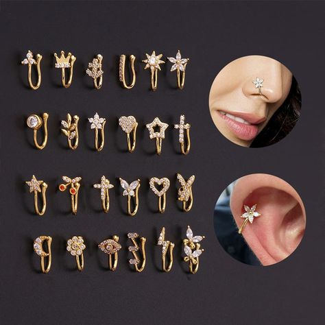 1 PC Crystal Diamond Zircon Star Heart Star Moon Butterfly Fake Piercing Nose Ring Copper Non Piercing Clip on Nose Ring Ear Clips Cuff Fashion Body Jewelry | Wish Fake Nose Piercing, Heart Nose Rings, Piercing Clip, Nose Cuff, Fake Nose Ring, Types Of Ear Piercings, Chains Fashion, Faux Piercing, Jewelry Vendor