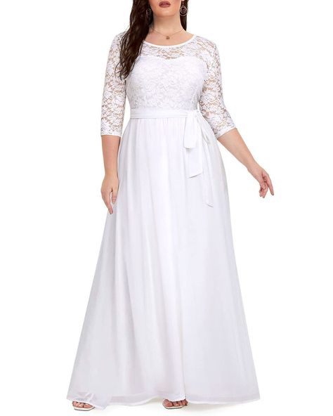 Women's Plus Size Formal Lace Chiffon 3/4 Sleeve V-Back Wedding Evening Party Maxi Dress Photoshoot Clothing, Maternity Dress For Photoshoot, Wedding Dress For Bride, Dress For Photoshoot, Pinup Fashion, Lace Wedding Guest Dress, Wedding Evening Party, Party Maxi Dress, Maternity Dresses For Photoshoot