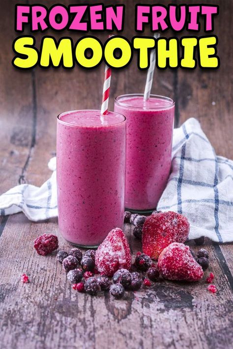 Two glasses of frozen fruit smoothie with a text title overlay. Frozen Berry Smoothie, Mixed Fruit Smoothie, Frozen Fruit Recipes, Frozen Fruit Smoothie, Smoothie Diet Challenge, Healthy Smoothie Recipes, How To Make Smoothies, Fruit Mixes, Diet Challenge