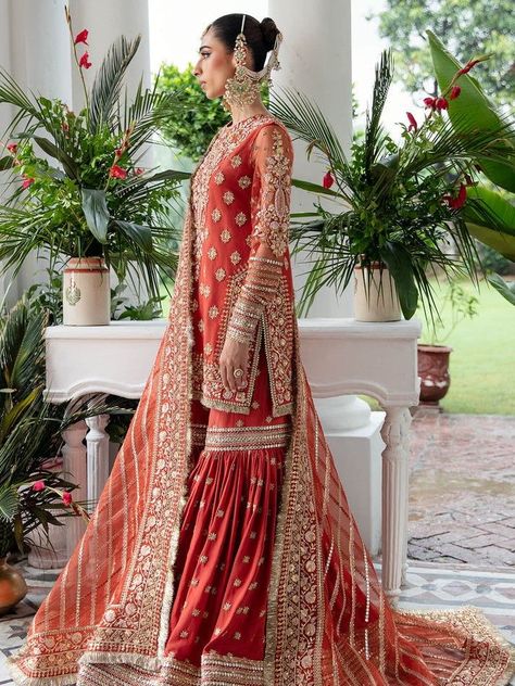 Bridal Sharara, Dress Sharara, Silk Sharara, Gharara Designs, Bridal Suit, Pakistani Designer Clothes, Net Dress, Red Lehenga, Desi Clothes