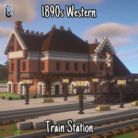 Minecraft Railway Station, Minecraft Railway Ideas, Buildings Idea, Minecraft Railway, Minecraft Train Station, Minecraft Creator, English City, Steampunk City, Riding Stables