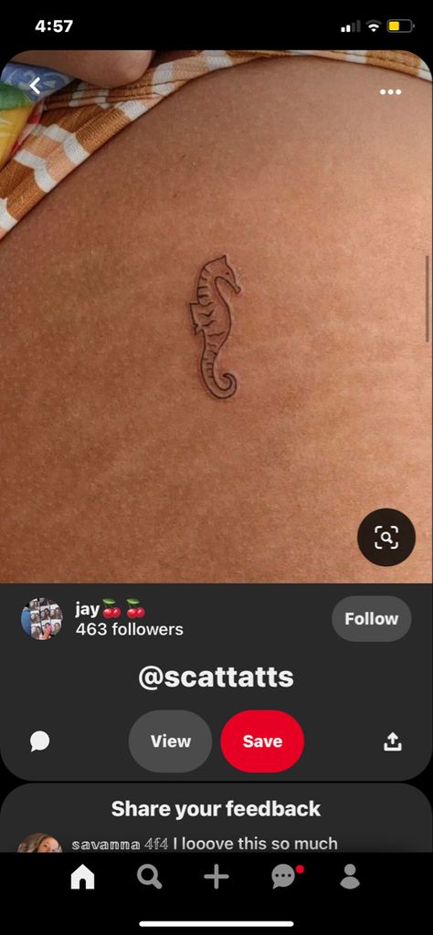 Seahorse Ankle Tattoo, Beach Hip Tattoo, Coconut Girl Tattoo, Tiny Ocean Tattoo, Small Beachy Tattoos, Ocean Tattoos For Women, Small Ocean Tattoos, Small Ocean Tattoo Ideas, Beach Tattoos For Women