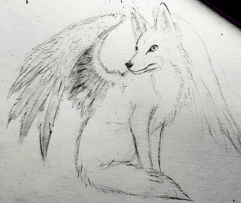 White Fox Drawing, Fox Profile Drawing, Fox Drawing Tattoo, Fox With Wings, Fox With Wings Tattoo, Fox Drawing Sketches, Fox Pencil Drawing, Star Fox Arwing, Fox Laying Down Drawing