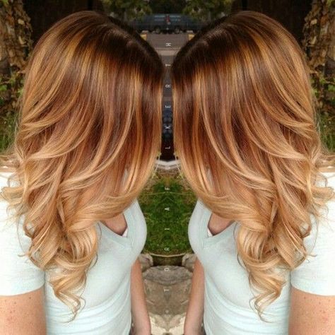 Carmel Hair Color, Pumpkin Spice Hair, Warm Hair Color, Hair Layers, Strawberry Blonde Hair Color, Blond Balayage, Ombre Hair Blonde, Balayage Blonde, Brown Hair With Blonde Highlights