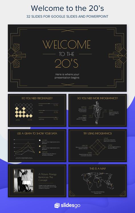 Enjoy the roaring twenties with this Art Déco presentation template for Google Slides and Powerpoint, 100% editable and free! #Slidesgo #FreepikCompany #freepresentation #freetemplate #presentations #themes #templates #GoogleSlides #PowerPoint #GoogleSlidesThemes #PowerPointTemplate #Art #History #Vintage Art Deco Powerpoint, The Roaring Twenties, Slide Presentation, Presentation Ideas, The 20s, Power Points, Art Jokes, Chalkboard Background, Art Deco Movement