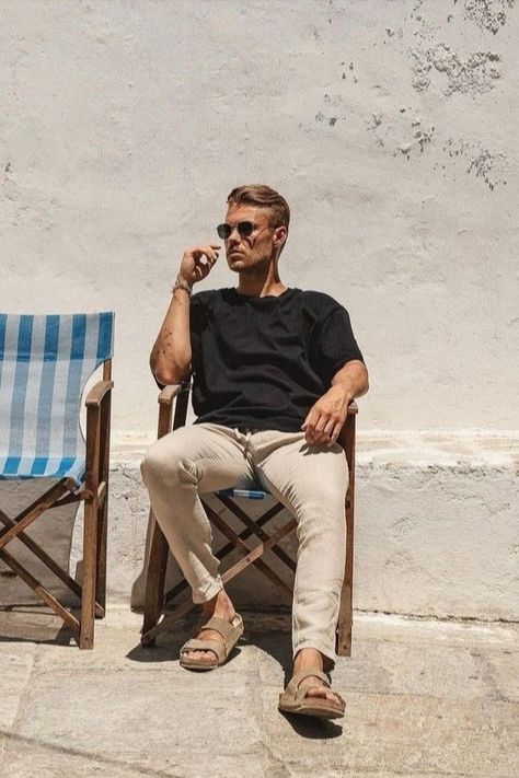 How To Style Birkenstocks Outfits Men, Men’s Outfits With Birkenstocks, Men Spain Fashion, Surfer Mens Style, Mens Burken Stocks Outfit, Birkenstock Man Outfit, Mens Birkenstock Outfit, Birkenstock Mens Outfit, Men In Birkenstocks Outfit