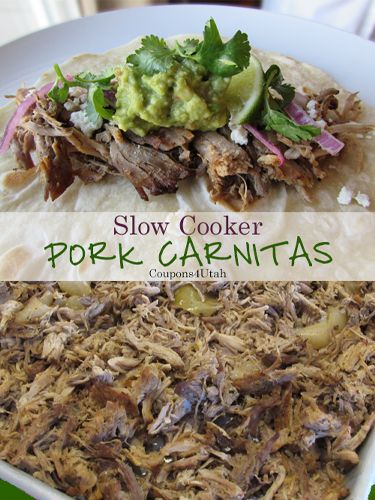 These slow cooker pork carnitas are the perfect meal for a crowd. Simple and delicous, everyone will love them! - Coupons4Utah Meat Recipes For A Crowd, Slow Cooker Pork Carnitas, Pork Carnitas Recipe, Recipes For A Crowd, Pork Carnitas Slow Cooker, Carnitas Recipe, Pork Carnitas, Cooking For A Crowd, Braised Pork