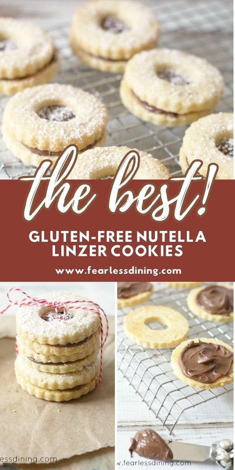 These gluten free Nutella stuffed cookies are a delicious easy to make cookie treat. How to make linzer torte cookies in a few easy steps. Everyone will love this holiday cookie. https://www.fearlessdining.com Gf Linzer Cookies, Gluten Free Linzer Cookies Recipe, Gluten Free Sandwich Cookies, Linzer Torte Cookies, Gluten Free Linzer Cookies, Linzer Tart Cookies, Savory Desserts, Nutella Stuffed Cookies, Tart Cookies