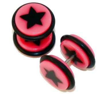 Pair of Acrylic Pink with Black Star Cheater Plugs 00 Gauges Gauge Jewelry, Gauged Ears, Faux Gauges, 00 Gauges, Silly Clothes, Acrylic Pink, Fake Gauges, Fake Plugs, Cool Piercings