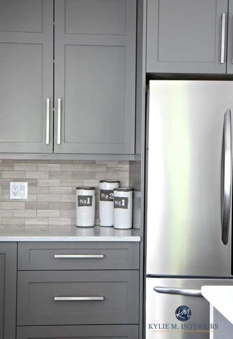 Benjamin Moore Amherst Gray painted cabinets, driftwood backspash in subway tile layout. Kylie M Interiors E-design Kitchen With Gray Cabinets, Grey Painted Kitchen, Серая Кухня, Galley Kitchen Remodel, Kabinet Dapur, Gray Cabinets, Decor Ikea, New Kitchen Cabinets, Kitchen Cabinets Makeover