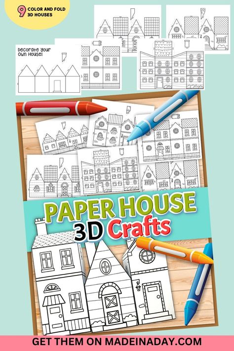 Create your own village with this super cute 3D paper house craft! Print and color in the pages. Cut out the houses, fold the edges, tape them together and enjoy! Coloring page of a house, coloring page house, 3d paper craft printable, 3D paper craft 3d Templates Free, House Stencil Free Printable, 3d House Template Free Printables, 3d Paper Houses Free Printable, 3d House Printable, Diy Paper House Templates, 3d House Template, My House Activities Preschool, House Template Printable For Kids