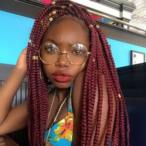 Red Box Braids Hairstyles, Dark Red Box Braids, Dark Red Braids, Burgundy Box Braids, Red Braids, Red Box Braids, Ombre Box Braids, Black Box Braids, Colored Box Braids