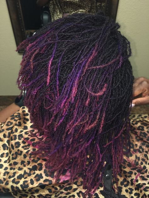 Purple Sisterlocks! Purple Sisterlocks, Red Sisterlocks, Gray Sisterlocks, Colored Sisterlocks, Short Sisterlocks, Sisterlocks Updo, Curly Hair Undercut, Real Locs, Rasta Braids