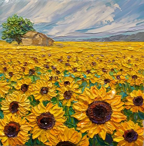 Art With Oil Paint, Sunny Painting, Sunflower Paintings, Farm Painting, Farm Paintings, Arte Van Gogh, Canvas Painting Designs, Van Gogh Art, Sunflower Art