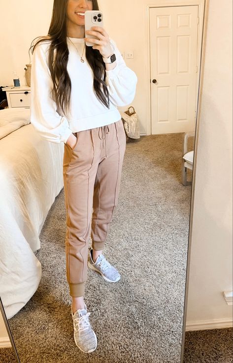 Beige joggers | cropped sweatshirt | cropped crew neck sweatshirt | casual outfit | stay at home mom outfit | jogger outfit for women | athleisure outfits Athleisure Pants Women, Outfits For Athletic Women, Feminine Jogger Outfit, Outfits With Gray Joggers, Beige Athletic Outfit, Casual Sporty Work Outfits, Athletic Outfits Work, Business Casual Athleisure Outfits For Women, Nurse Casual Outfit