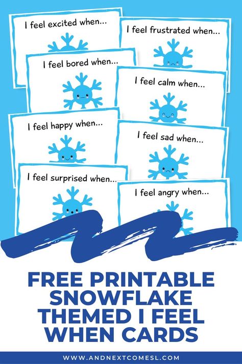 Screenshots of emotion I feel when cards with snowflake emojis. There is a text overlay in navy that says "Free Printable Snowflake Themed I Feel When Cards" Winter Social Emotional Activities, Social Emotional Activities Preschool, Anger Worksheets, I Feel Bored, Teaching Emotions, Emotions Cards, Emotions Activities, Social Emotional Activities, Winter Preschool