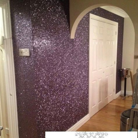 Purple Glitter Wall, Pink Glitter Wall, Purple Glitter Wallpaper, Glitter Accent Wall, Purple Dining Room, Glitter Paint For Walls, Wall Color Combination, Accent Wall Ideas, Wall Fabric