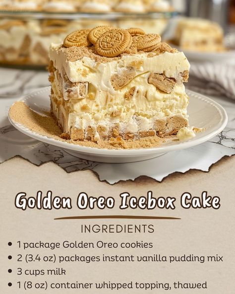 Recipes Mentor | 🍰 Golden Oreo Icebox Cake 🍰 📋 Ingredients: 🍪 1 package Golden Oreo cookies 🥛 2 (3.4 oz) packages instant vanilla pudding mix 🥛 3 cups… | Instagram Golden Oreo Dirt Cake, Golden Oreo Delight, Golden Oreo Desserts, Golden Oreo Recipes, Golden Oreo Cake, Golden Oreo Cookies, Dipping Cookies, Oreo Icebox Cake, Oreo Dirt Cake