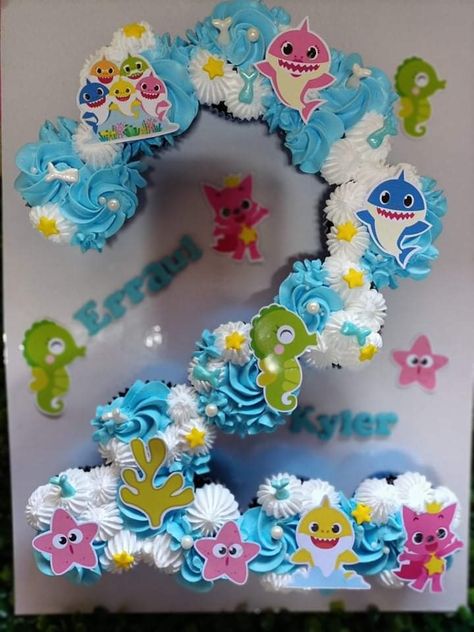 Number 2 Cupcake Cake 2nd Birthday, 2 Cupcake Cake Number, Baby Shark Cupcake Cake, Baby Shark Cupcakes, Fishing Themed Birthday Party, Shark Birthday Cakes, Baby Birthday Party Theme, Shark Themed Birthday Party, Cricut Birthday