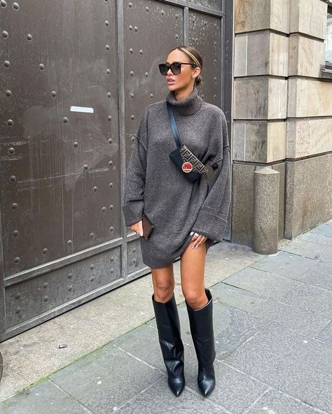 Top 35 Instagram influencer outfits round-up Fendi Bag Outfit Street Styles, Fendi Boots Outfit, Fendi Belt Bag, Cowboy Boots Outfit Winter, High Boots Outfit Winter, Sweater Jumper Dress, Knee Length Sweater Dress, Fendi Boots, Long Tshirt Dress