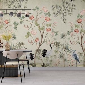 Living Room Murals, 3d Wall Murals, Chinoiserie Wall, Temporary Wallpaper, Rose Wall, Bird Wallpaper, Wallpaper Vintage, Mural Wall Art, Colorful Wall Art