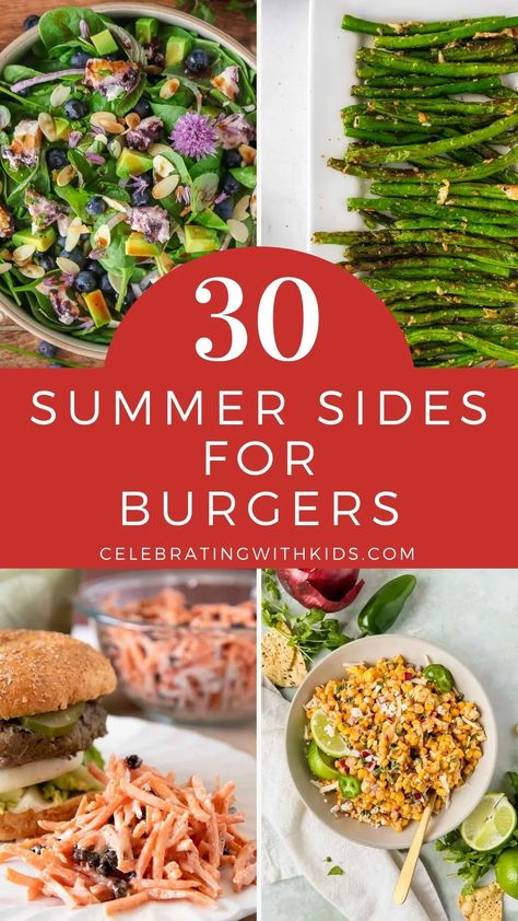 Looking for the best summer sides for burgers? These simple yet delicious burger side dishes will satisfy your cravings. Burger Side Salad, Veggie Side Dishes For Burgers, Side Dishes With Burgers Simple, Salad For Burgers Side, Grilled Sides For Burgers, Good Sides With Burgers, Chicken Burger Side Dish, What To Eat With Burgers, Side For Burgers Summer