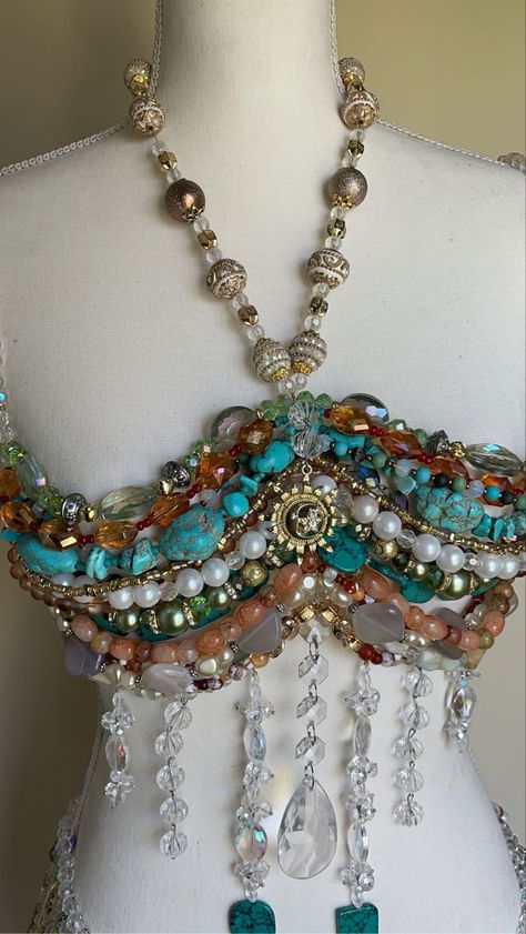 clothes , custom clothes , beads ,beaded jewelry , fashion , festival , angelic , fairy , jewelry , going out , outfit inspo crystals and stones Crochet Top With Crystals, Beaded Bralette Outfit, Crystal Top Outfit, Goddess Core Outfit, Pearl Rave Outfit, Beaded Tops Diy, Beaded Bra Outfit, Bead Top Diy, Fairy Inspo Outfit