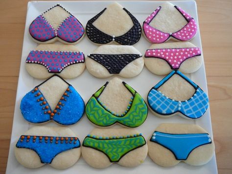 Bikini cookies.....funny Deli Recipes, Beach Wedding Shower, Lingerie Cookies, Summer Cookie, Beach Cookies, Decorative Cookies, Theme Cookies, Cookie Decoration, Royal Iced Cookies