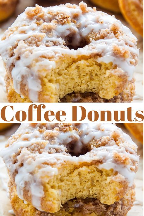 If you like coffee cake, you have to try these baked donuts! This donut recipe is an easy dessert and fun breakfast recipe! Danish Donut Recipe, Oatmeal Donuts Baked, Pioneer Woman Donut Recipe, Coffee Donut Recipe, Glazed Twist Donuts Recipe, Donuts Using Cake Mix Recipe, Coffee Cake Donuts Baked, Donut Recipes For Donut Maker, Cake Batter Donuts Baked