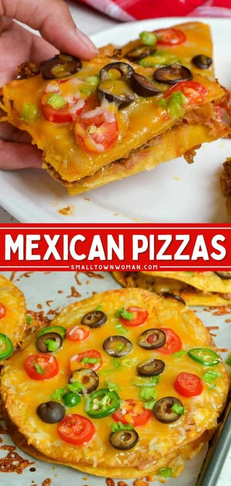 Weekends call for this 30-minute meal! It's also easy enough as a weeknight dinner. Stuffed with beef, refried beans, cheese, and more, these copycat Taco Bell Mexican Pizzas are so much fun. So, get your corn tortillas ready and try this homemade Mexican pizza recipe! Corn Tortilla Pizza Recipes, Small Corn Tortillas Recipes, Tortilla Pizza Oven, Corn Tortilla Pizza, Homemade Mexican Pizza, Mexican Pizzas, Tortilla Pizzas, Taco Recipes Mexican, Homemade Pizza Recipe Easy