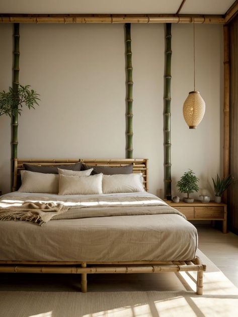 Create a tranquil and Zen-inspired bedroom by incorporating natural elements such as a bamboo platform bed and a bonsai tree. Add soft lighting with paper lanterns and use earthy, neutral tones for the walls and bedding to create a calming aesthetic. Bamboo Theme Bedroom, Bamboo Bedroom Ideas, Minimal Bed, Bamboo Bedroom, Philippines House, Zen Vibes, Calming Aesthetic, Bamboo Bed, Philippine Houses