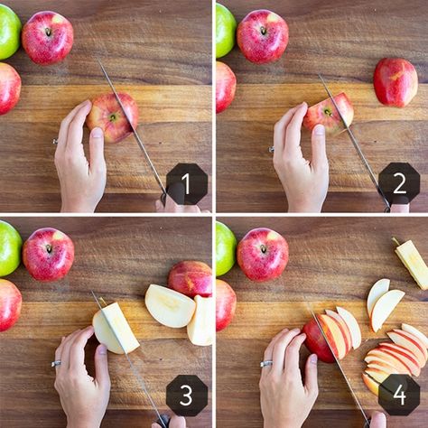 Step-by-step pictures showing how to cut apples into slices. How To Cut Apple Slices, How To Cut Apples, How To Slice Apples, How To Keep Apple Slices Fresh, How To Keep Cut Apples From Browning, How To Keep Sliced Apples Fresh, Keep Apple Slices From Turning Brown, Apple Overnight Oats, Apple Cut