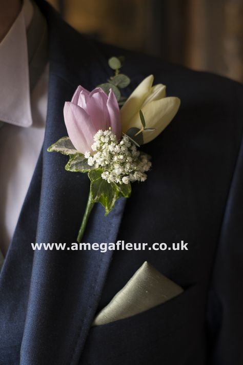 Spring Tulip Buttonhole Tulips Corsage, March Wedding Flowers, Purple White Wedding, Grooms Boutonniere, Wedding Flowers Tulips, Small Wedding Bouquets, Luxury Florists, Tulip Wedding, Colchester Essex