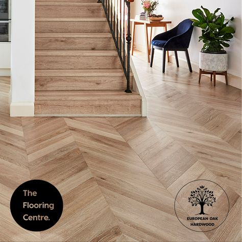 It's hard to go passed the real deal. 21mm European Oak in Cannes colour pictured in a Chevron with matching stairs. 😍 Parquetry, Design Statement, Herringbone Pattern, Carpet Flooring, Renovation Project, Layers Design, Colorful Pictures, Cannes, Rugs On Carpet