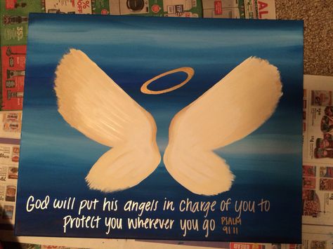 Christian Art Painting, Christian Canvas Paintings, Angel Wings Painting, Heaven Painting, Psalm 91 11, Christmas Paintings On Canvas, Simple Wall Art, Simple Canvas Paintings, Canvas Painting Tutorials