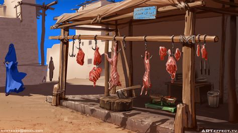 Butcher shop , Sviatoslav Gerasimchuk on ArtStation at https://www.artstation.com/artwork/KeboG Butcher Horror, References Drawing, Dm Tools, Dnd Campaign, Meat Shop, Scene Background, Meat Markets, Book Cover Illustration, Cover Illustration