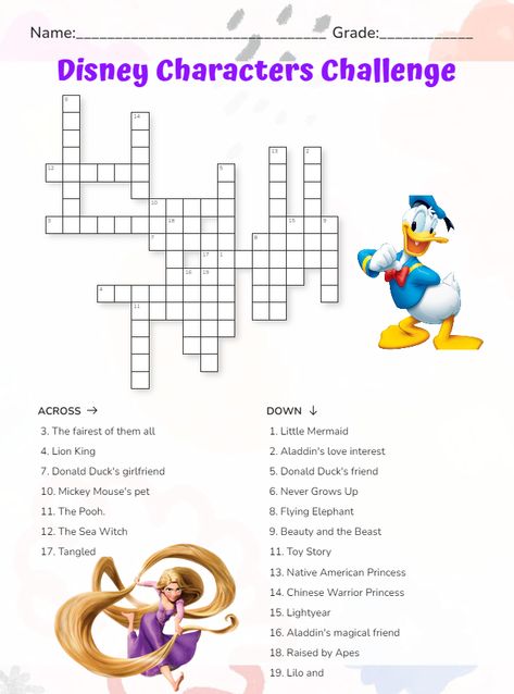 Engage in a fun and interactive crossword puzzle featuring beloved Disney characters in this challenge! #disney #disneycharacters #crossword #puzzles #disneycrosswordpuzzle #worksheets #interactive #printable #backtoschool Disney Crossword Puzzles Printable, Letras Disney, Disney Puzzles, Disney Printables, Printable Puzzles, Crossword Puzzles, Disney Theme, Crossword Puzzle, Puzzles For Kids