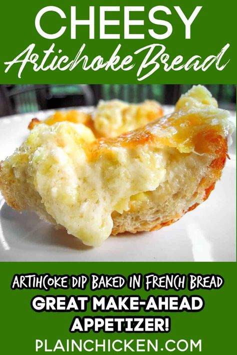 French Bread Appetizers, Bruchetta Appetizers, Garlic Artichoke, Plain Chicken Recipe, Artichoke Bread, Savory Dips, Cream Cheese Sausage Balls, Bread Quick, Savory Breads