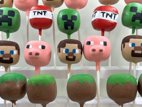 Cake pops made for a minecraft themed birthday party 💚🤎💙 styles: steve from minecraft, pig, creeper, dirt block and tnt block #minecraft #cakepops #videogames #creeper #pig #birthdayparty #boysbirthdayparty #birthdaypartyideas Minecraft Cakepops, Minecraft Cake Pops, Steve From Minecraft, Minecraft Themed Birthday Party, Minecraft Pig, Minecraft Cake, Minecraft Birthday, Themed Birthday Party, Cakepops