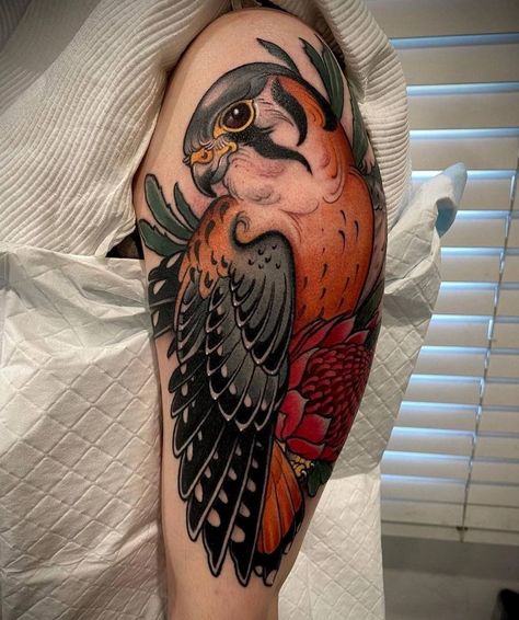 Traditional Calf Tattoo, Neo Traditional Bird Tattoo, Neo Traditional Bird, Traditional Bird Tattoo, Colored Tattoo Design, Neo Tattoo, Traditional Tattoo Designs, Tatuaje A Color, Dark Art Tattoo